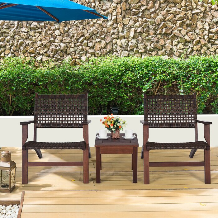 Winston Porter 3pcs Rattan Patio Chair & Table Set Outdoor Furniture Set W/ Wooden Frame